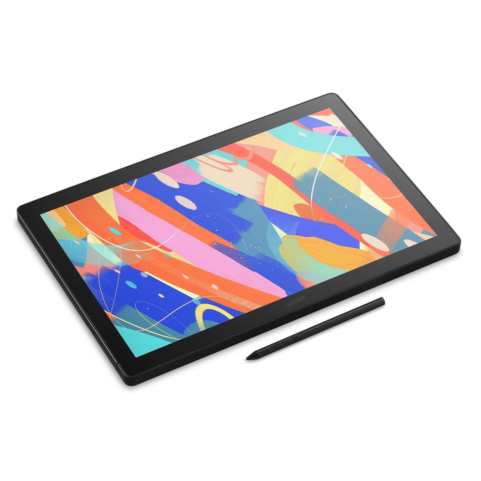 Wacom DTK168K0B graphic tablet in black, featuring a vibrant, colorful screen with abstract designs, accompanied by a sleek stylus. Dimensions: 345 x 215 mm, USB connectivity.