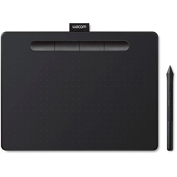 Black Wacom Intuos CTL-6100K-B graphic tablet with a smooth surface, three customizable buttons at the top, and a stylus pen on the side, measuring 216 x 135 mm.