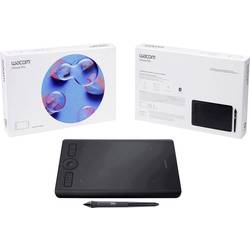 Wacom Intuos Pro S graphic tablet in black, measuring 160 x 100 mm, with a sleek surface, customizable buttons, and a stylus pen, displayed with its packaging.