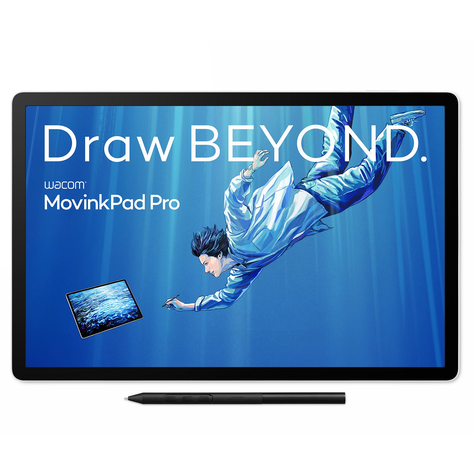 Wacom MovinkPad Pro 14 graphic tablet in grey, featuring a sleek design, 5080 LPI resolution, and a stylus, with an artistic illustration on the screen.