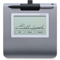 Grey Wacom STU-430 signature pad with 4.5" screen, stylus pen on top, and buttons labeled OK, Clear, Cancel.