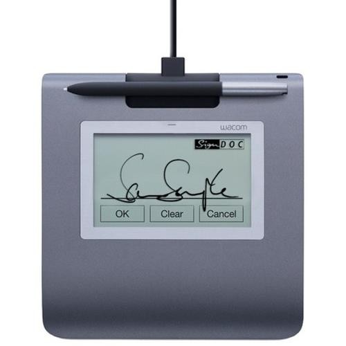 Wacom STU-430 signature pad in black and grey, featuring a 2540 LPI resolution, a 96 x 60 mm active area, and a stylus for digital signatures, with buttons for OK, Clear, and Cancel.