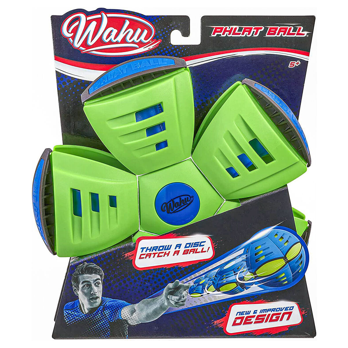 Bright green and blue Wahu Phlat Ball Classic, featuring a disc shape that transforms into a ball, with ventilation holes and a graphic of a person throwing it on the packaging.