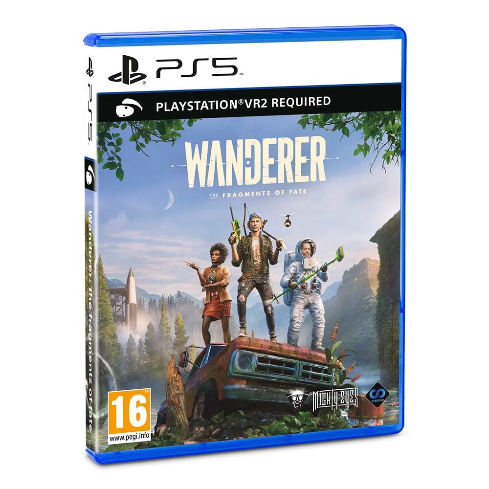 Wanderer: Fragments of Fate - Nomad Edition for PlayStation VR2 features vibrant artwork with three characters on a vintage car, set against a lush landscape and historical elements.