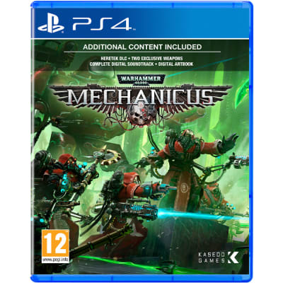 Cover art for "Warhammer 40,000: Mechanicus" featuring vibrant green and metallic colors, showcasing robotic figures and a skull emblem, with PS4 branding and additional content details.