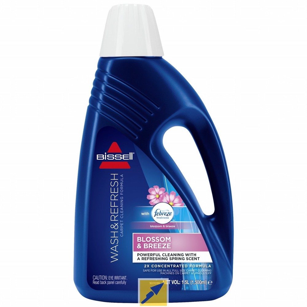 Blue plastic bottle of Bissell's Wash & Refresh with Febreze, featuring a floral design, labeled "Blossom & Breeze," and highlighting a powerful cleaning formula.