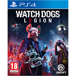 Cover art for "Watch Dogs Legion" featuring a man in a pig mask holding a skull, with a London backdrop and various characters, all set against a dark, urban color scheme.