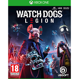 Cover art for "Watch Dogs Legion" featuring a man in a suit holding a pig mask, with a cityscape background and various characters, all in vibrant colors, highlighting a cyberpunk theme.