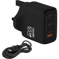 Black Webb 65w charger with twin USB-C ports, ECO and X-Series labels, includes braided USB-C cable.