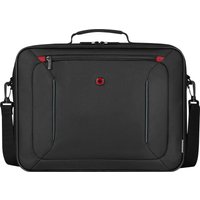 Black Wenger/SwissGear 16" clamshell case with red accents, top handle, and adjustable shoulder strap.
