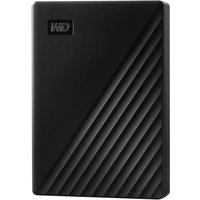 Black Western Digital external hard drive with diagonal grooves and WD logo in the top left corner.