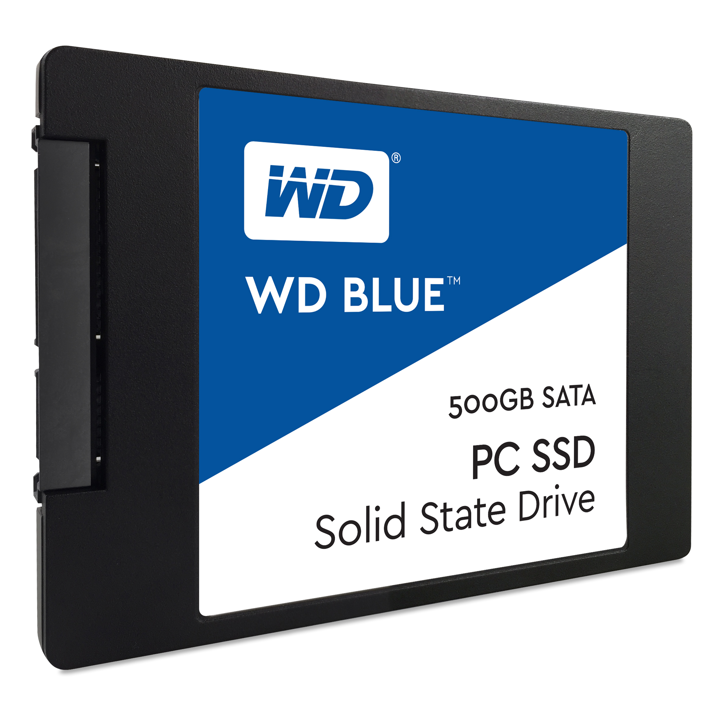 A 500 GB Western Digital Blue SSD with a sleek black casing and a prominent blue and white label displaying "WD BLUE" and "PC SSD."