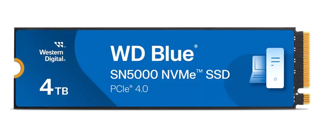 Western Digital Blue SN5000 4 TB M.2 PCIe 4.0 NVMe SSD featuring a blue and black design with gold connectors and a prominent "4 TB" label.