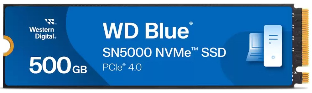 Western Digital Blue SN5000 500 GB M.2 NVMe SSD featuring a blue and silver design with gold connectors, labeled with capacity and PCIe 4.0 specifications.