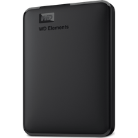 Black Western Digital Elements portable external hard drive with rounded edges and WD logo.