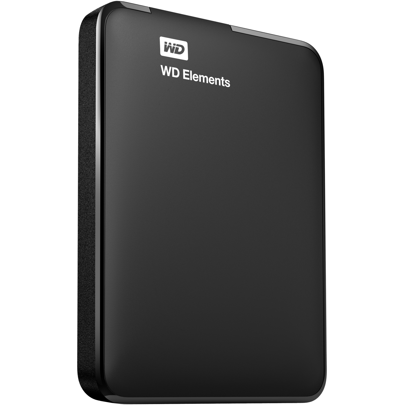 Black portable external hard drive with a sleek design, featuring the "WD Elements" logo on the top, made of durable material for shock resistance.