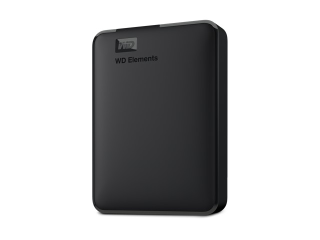 Black portable external hard drive with a sleek, matte finish, featuring the "WD Elements" logo on the top and USB 3.0 connectivity for fast data transfer.