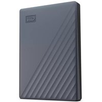 Black Western Digital external hard drive with diagonal grooves and embossed WD logo in the corner.