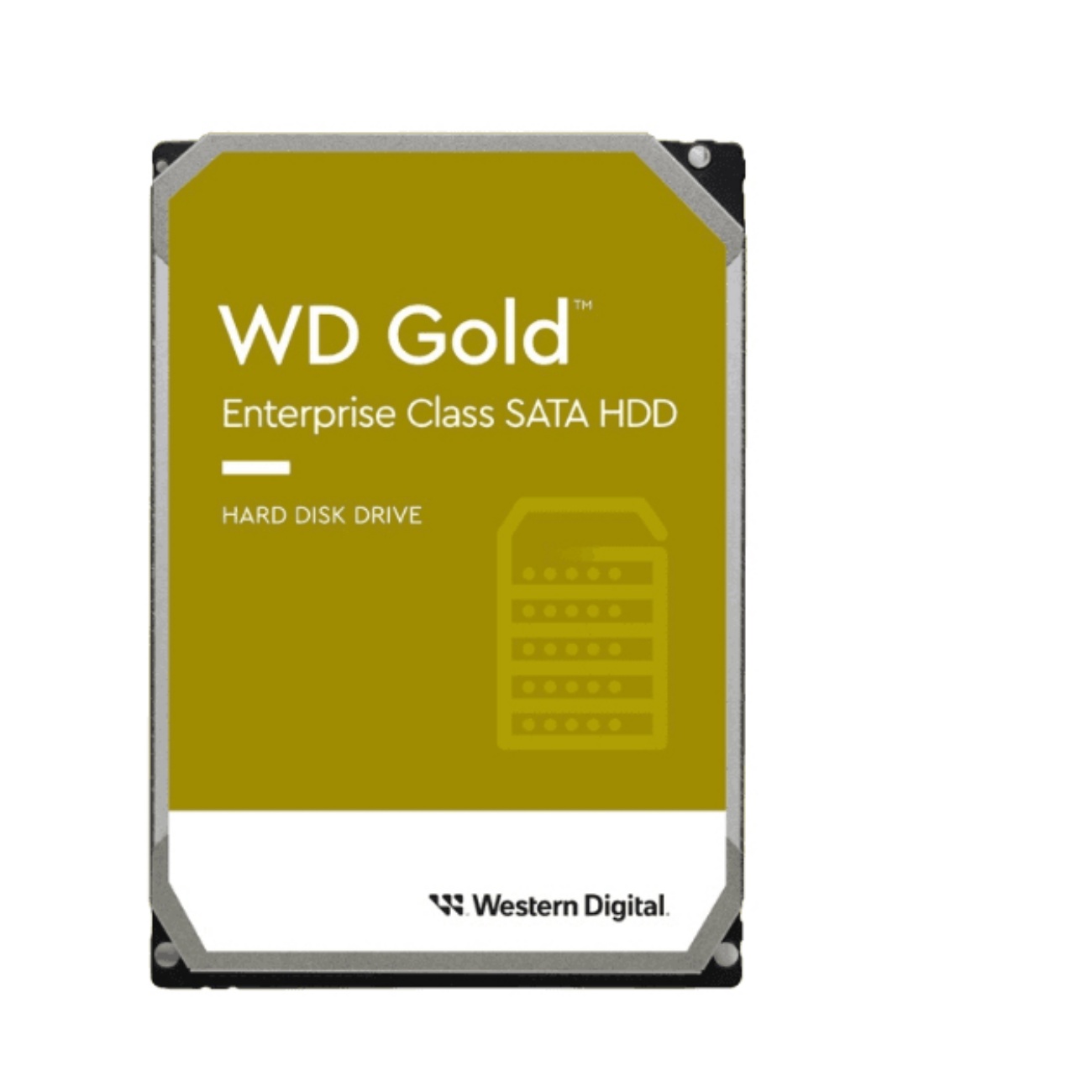Western Digital WD Gold 6TB Enterprise Class SATA HDD featuring a yellow and silver casing, labeled with "WD Gold" and specifications, designed for high-performance storage.