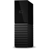 Black Western Digital external hard drive with glossy top and textured base, vertical design.