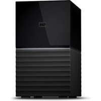 Black Western Digital My Book Duo 16 TB disk array with glossy top and textured bottom.