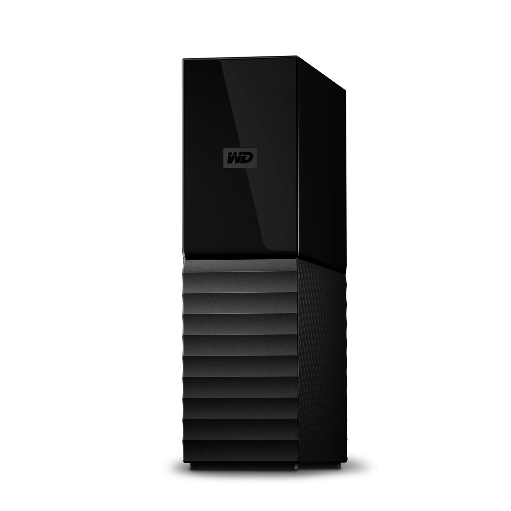 Black WD 18TB My Book Desktop external hard drive with a sleek, glossy top and textured ribbed base, featuring the WD logo prominently on the front.