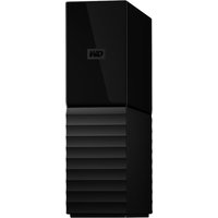 Black Western Digital My Book external hard drive, vertical design, textured lower half, smooth upper half with logo.