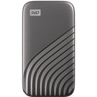 Grey Western Digital My Passport 2 TB external hard drive with USB Type-C and curved line design.
