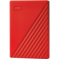 Red Western Digital My Passport 2 TB external hard drive with diagonal grooves and WD logo in top corner.