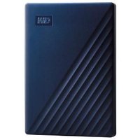 Blue Western Digital My Passport external hard drive with diagonal grooves and WD logo.