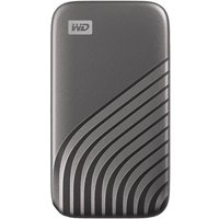 Gray Western Digital My Passport SSD with curved line design and WD logo on top left corner.