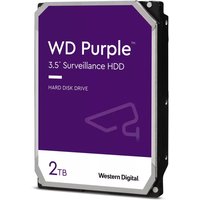 WD Purple 2TB 3.5" internal hard drive with purple label and silver edges, designed for surveillance systems.