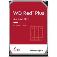 Red Western Digital Red Plus 6TB 3.5" NAS HDD with white text and logo, silver edges, 5400 RPM, 256 MB cache.