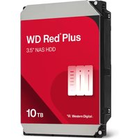 Red and silver Western Digital Red Plus 10 TB internal hard drive with black casing and 3.5" NAS HDD label.