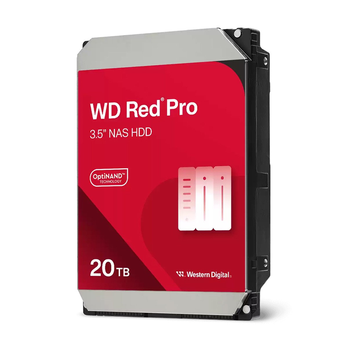 Western Digital 20TB WD Red™ Pro NAS storage system featuring a red and silver casing, labeled with "OptiNAND Technology" and "20TB NAS HDD" prominently displayed.
