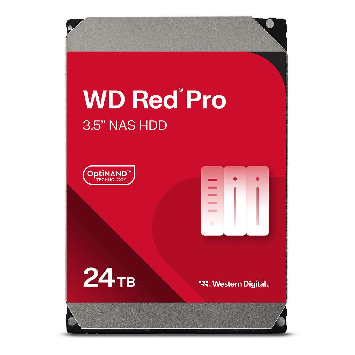 24TB WD Red™ Pro NAS storage system featuring a sleek red and silver design, with a prominent label displaying "OptiNAND Technology" and "24TB" on the front.