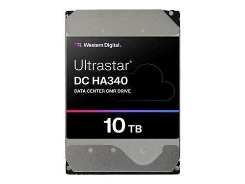 Western Digital 10TB Ultrastar DC HA340 hard drive with a black and silver casing, featuring a prominent label with the model name and capacity in white and colorful accents.