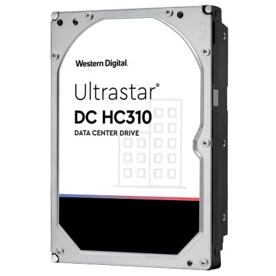 Western Digital Ultrastar DC HC310 internal hard drive with a silver metal casing, featuring a white label with black text and a graphic of a building, designed for data center use.