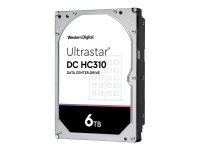 Western Digital Ultrastar DC HC310 internal hard drive with a silver metal casing, featuring a white label with black text and a red and blue stripe, labeled 6TB.