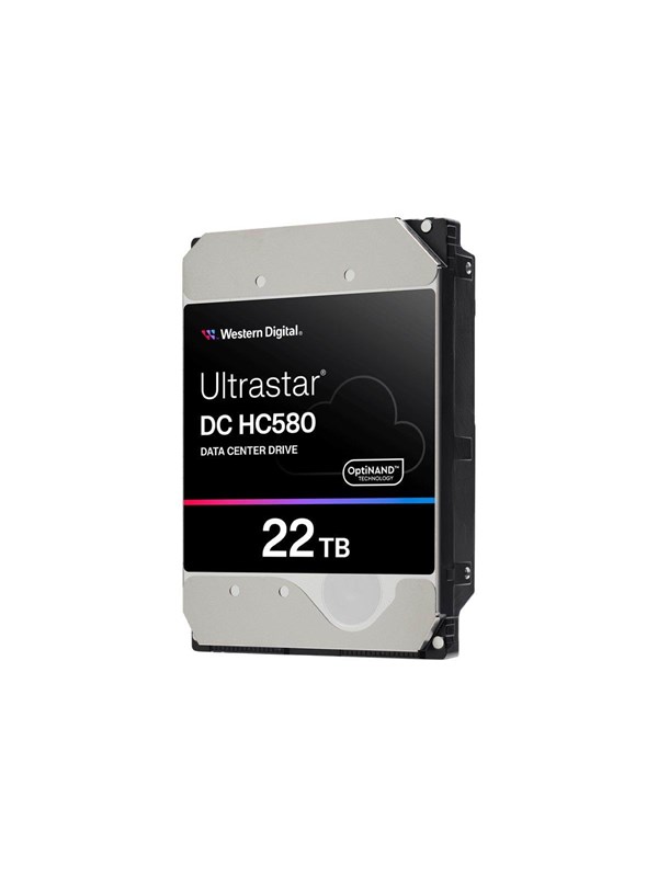 Western Digital 22TB Ultrastar DC HC580 HDD with a silver metal casing, black label, and colorful branding, designed for data center use with SATA interface.