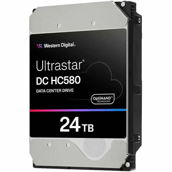 Western Digital 24TB Ultrastar DC HC580 Data Center HDD with a silver and black casing, featuring a prominent label with "Ultrastar" and "24TB" in bold text.