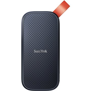 SanDisk Portable SSD in black with a textured surface, featuring a red loop for easy attachment, and labeled with "SanDisk" on the front, capacity of 480GB.