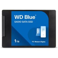 Black Western Digital WD Blue SA510 SATA SSD with blue label and 1TB capacity.