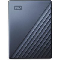 Black Western Digital My Passport Ultra 2TB external hard drive with sleek diagonal grooves and WD logo.
