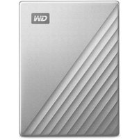 Silver Western Digital external hard drive with diagonal grooves and WD logo.