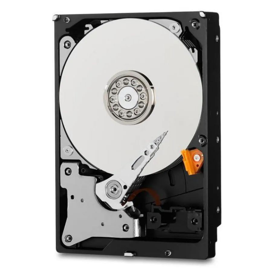 Western Digital WD Purple hard drive features a sleek black casing with a shiny silver platter, showcasing its internal components and a bright orange connector.