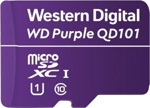 Purple microSD card labeled "WDD128G1P0C 128GB SCQD101 SDA 6.0," featuring Western Digital branding and specifications for storage speed and capacity.