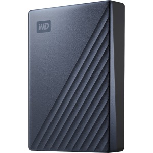 Blue WD My Passport Ultra 4TB external hard drive featuring a textured surface with diagonal grooves and the Western Digital logo on the front.