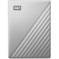 Silver Western Digital external hard drive, 4 TB, with diagonal grooves and WD logo on top left.