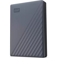 Gray Western Digital external hard drive 4TB with diagonal grooves and WD logo on the top corner.